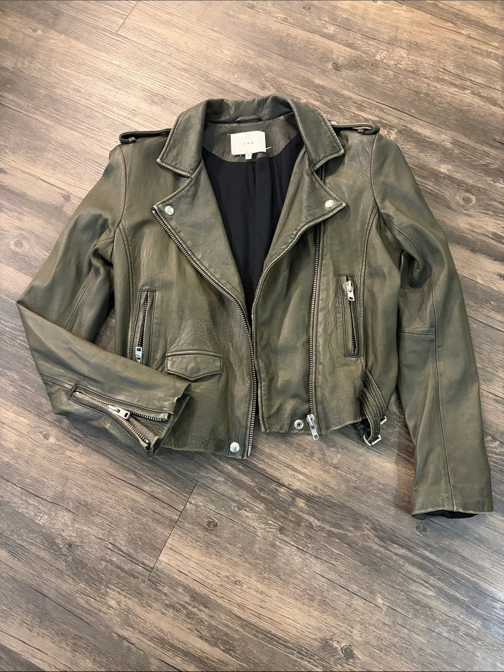 IRO Olive Green Leather Moto Jacket